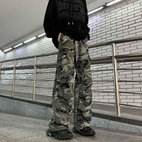 Pantalones para hombres 2023 Streetwear Moda Casual Camuflaje suelto Cintura alta Elástico Pierna ancha Ropa coreana Pantalones Deportes