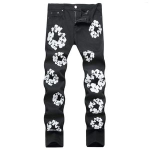 Pantalon homme 2023 été noir jean imprimé élastique coupe ajustée petits pieds taille moyenne décontracté