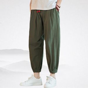 Pantalones de hombre 2023 verano estilo chino japonés de talla grande de algodón y lino para hombre pantalones sueltos de Color sólido Casual hasta el tobillo