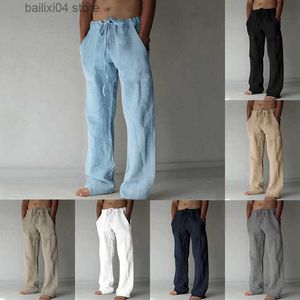 Pantalones para hombres 2023 Pantalones casuales de pierna ancha para hombres de verano Pantalones cómodos de algodón y lino con cordones de color sólido T230925