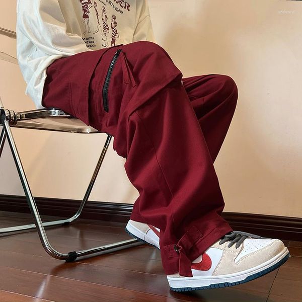 Pantalones para hombres 2023 Vino Rojo Monos Hombres Caída Hip Hop American Moda Marca Casual Ins Tendencia Pierna recta suelta Pierna ancha