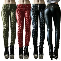 Mannen Broek 2023 Vrouwen Retro Pu Leer Steampunk Klinknagel Laceup Potlood Skinny Broek Streetwear Herfst Casual 231216