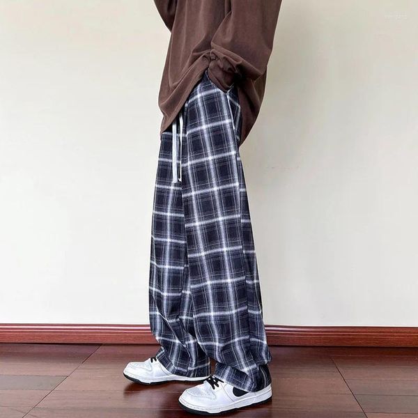 Pantalones para hombres 2024 Otoño Pana Vintage Plaid Hombres Streetwear Pierna ancha Baggy Harajuku Moda Casual Pantalones con cordón