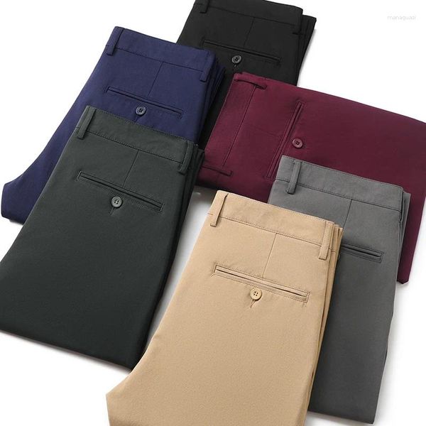 Pantalones para hombres 2024 Business Casual Straight Micro Elástico Borgoña Caqui Negro Clásico Moda Marca Four Seasons Pantalones