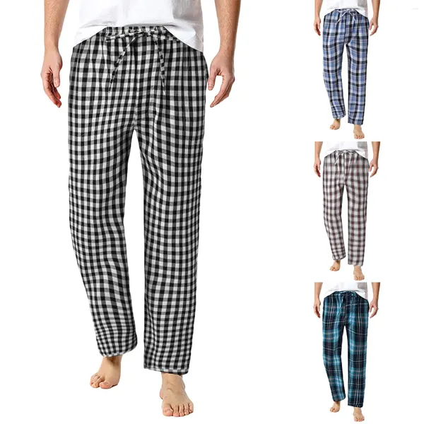 Pantalones para hombres 2024 Pantalones de dormir casuales para hombre Pijamas con estampado de cuadros sueltos Cordón ancho Pierna Ropa de moda Pantalones