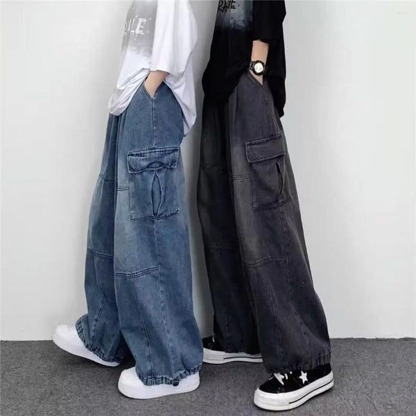 Pantalons pour hommes 2024 Mode Large Jambe Grande Poche Cargo Homme Jeans Salopette Pour Hommes Unisexe Baggy Droit Streetware
