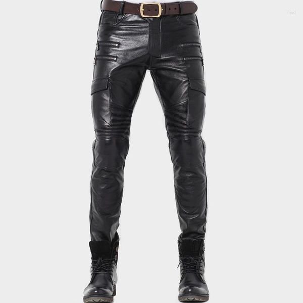 Pantalones para hombres 2024 Profesión genuina Pantalones de motociclista de motocicleta de alta calidad Hombre de cuero suave Equipo de protección negro