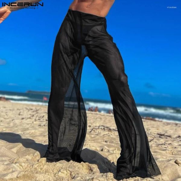 Pantalon masculin 2024 hommes à jambe large maillage transparent transparent pantalon élastique de taille élastique