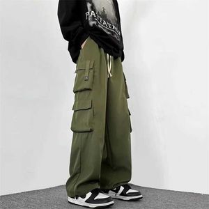 Herenbroek 2024 Heren Outdoor Multi Pocket Cargo Pants Spring Leisure Trapstring Bag Wide Leg broek Hip Hop Fashion Pantalones Y240522