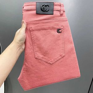 Herenbroek 2024 Nieuwe heren licht luxe roze hoog hoogwaardige rechte modemerk Casual veelzijdige gewassen katoenen jeans Q240429