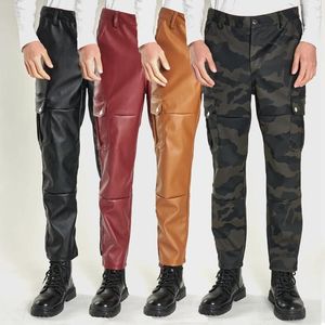 Pantalon masculin 2024 PU Camouflage droit Cargo haute taille imperméable en cuir en cuir en cuir