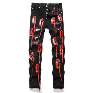 Pantalones para hombres 2024 Punk Men Black Distaded Patch Jeans Streetwear Hears Risk Patchwork Pantalones de mezclilla Slim Slim Skinny pantalones J240510