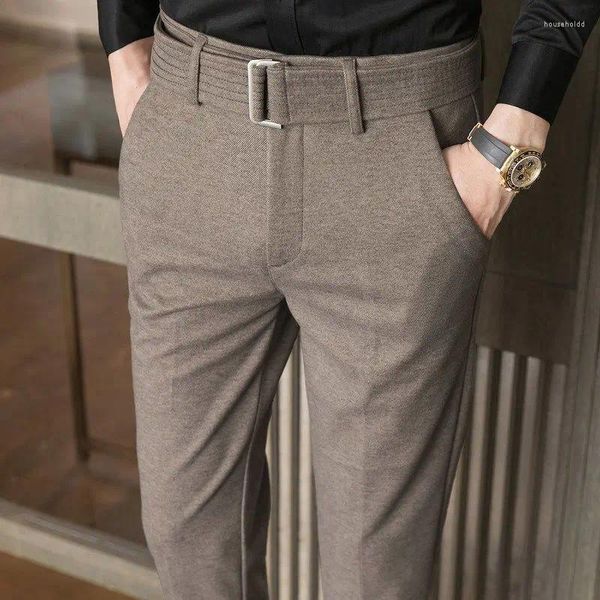 Pantalon pour hommes 2024 Printemps Automne et hiver Business Casual Édition coréenne Tendance Taille haute avec ceinture Poche Slim Fit Solid Woollen Costume