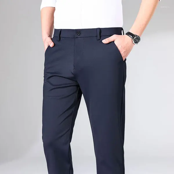 Pantalones para hombre 2024 marca de primavera fibra de bambú fino recto Casual estilo clásico gris claro pantalones elásticos de negocios masculino