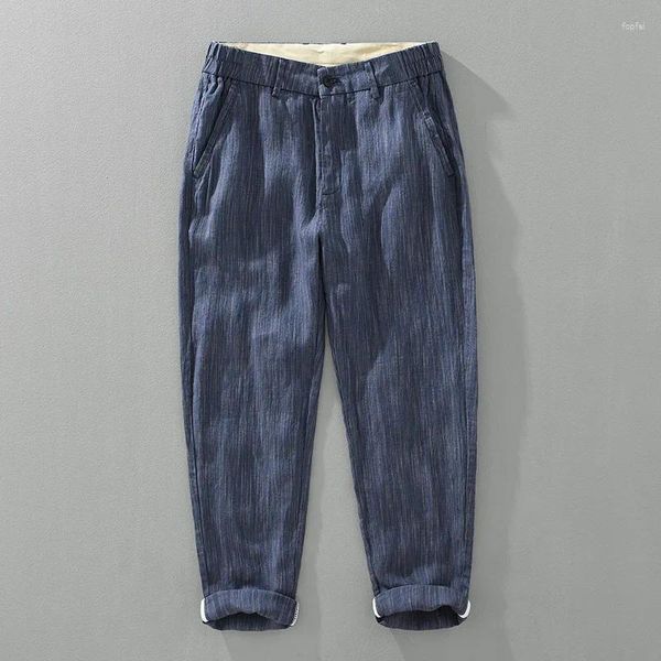 Pantalon masculin 2024 Lin de printemps sans rebond harem hommes rayés décontractés minces respirant en tissu teint en fil bleu bleu