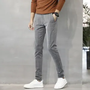 Pantalons pour hommes 2024 Spring Summer Mode Slim Fit Stretch Mâle Taille Haute Pantalon à carreaux Coréen Long Casual I638