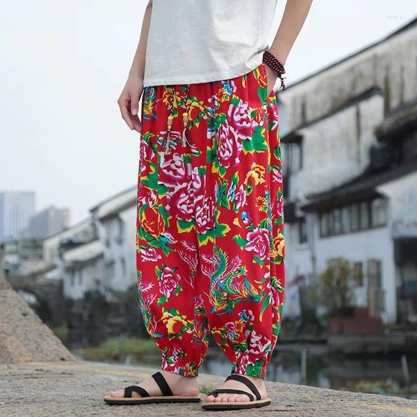 Pantalones para hombres 2024 primavera verano noreste de flores grandes hip hop hombres casuales negros rojo azul ancho de piernas harem streetwear