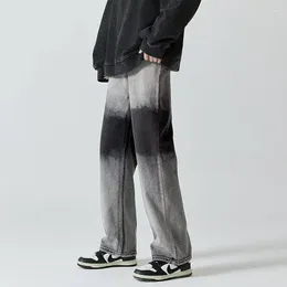 Pantalon pour hommes 2024 Printemps Tendance Contraste Couleur Jeans Cravate Teint Dégradé Lâche Casual Jambe Droite Large Noir Gris