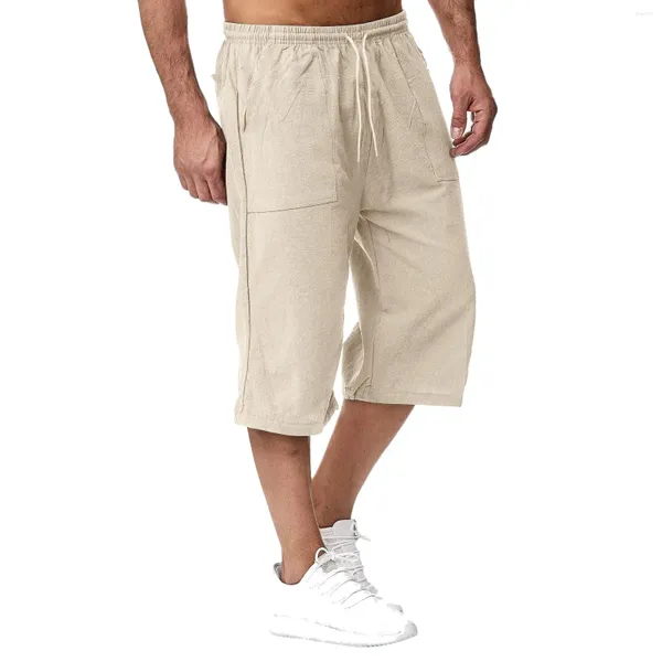 Pantalones para hombres 2024 shorts informales de verano algodón mezclado cintura elástica de bolsillo suelto cordenina de 3/4 de longitud ropa de calle diaria