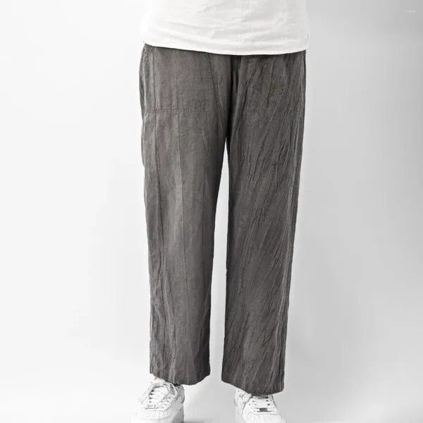Pantalon masculin 2024 Summer Chinois Style Casual Water Wash Thin Breathable Tie Coton teint et lin - Mois de signe