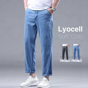 Herenbroek 2024 Zomer Nieuwe heren Straight Casual Jeans Lyocell Soft Fabric Elastic Denim enkel voor mannen Q240429