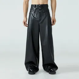 Pantalon pour hommes 23 F/W taille haute en cuir PU ample jambe large coupe propre vêtements de nettoyage pantalon intelligent moto