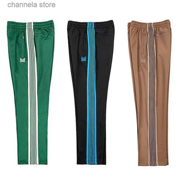 Pantalones para hombres 23SS High Street Awge Agujas Pantalones Hombres Mujeres Pantalones de rayas marrones Naranja Bordado Mariposa Pista Pantalón Hip Hop Pantalón T240202