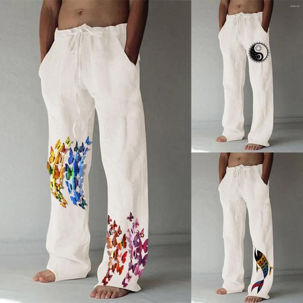 Pantalones para hombres 3 estilos 2024 Moda Casual Impreso Lino Bolsillo Cordón Hasta Tamaño Grande Viaje Playa Hawaii Pantalón Rápido