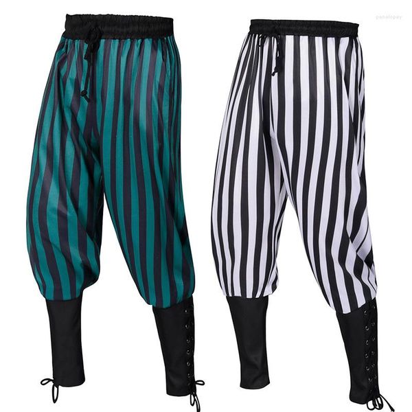 Pantalon homme adulte homme médiéval Pirate Clown fines rayures Costume Leggings amples Viking jambe pansement pantalon