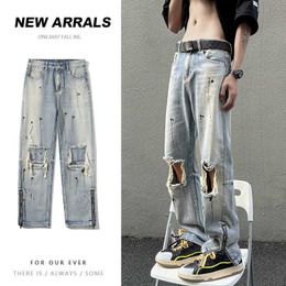 Pantalons pour hommes Amérique Distressed Ripped Jeans Side Zipper Inkjet High Street Men Denim Pants Fashion Design Straight Streetwear Pantalon Z0306