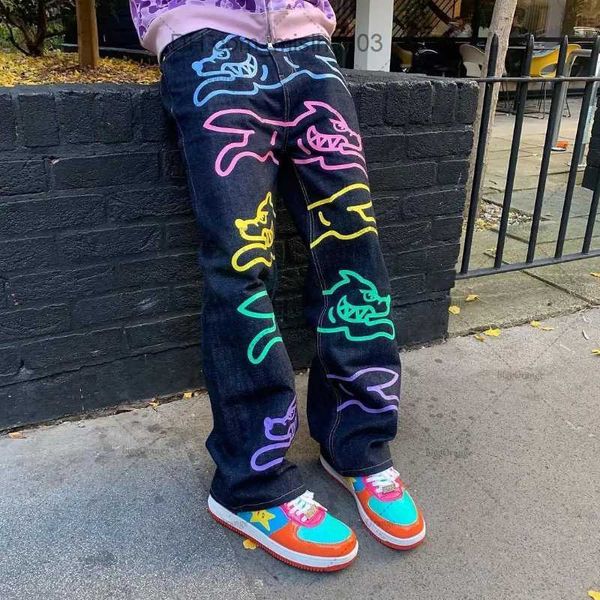 Pantalons pour hommes American High Street Hip Hop Flying Dog Print Jeans Hommes Y2K Tight Street Brand Straight Loose Leg Pants Casual Loose Pants Z230801