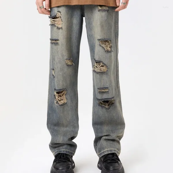 Pantalon pour hommes American rétro Hiphop High Street Hole Breaking Jeans Tide Loose Skeleton de la jambe large et droite