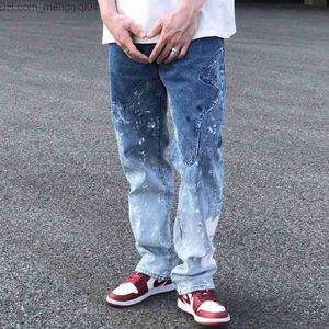 Herenbroek American Street Gradient Splash Ink Graffiti Jeans Tidal Merk Rechte been Losse gewassen Vintage Casual broek Z230819