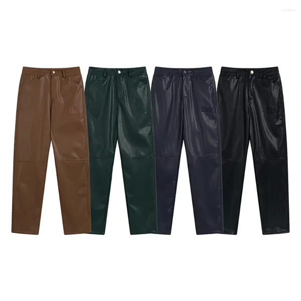 Pantalones para hombres cartas vintage americanas bordado simple PU PU cuero hombres pareja de moda