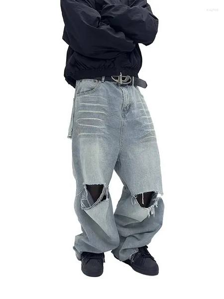 Pantalones para hombres y mujeres Hip Hop High Street Big Ripped Wasteland Estilo Lavado Desgastado Perfil suelto Denim Mop Pantalones acampanados