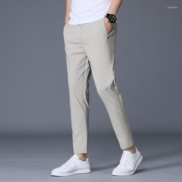 Pantalones para hombres hasta el tobillo pantalones de seda de hielo para hombres negro caqui Corea fino traje Casual de verano Chandals hombre Formal 2024 ropa