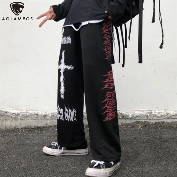 Pantalones de hombre Aolamegs Hombres góticos Pantalones de chándal casuales japoneses Graffiti Anime Punk Hippie Pantalones de pierna ancha Harajuku High Street Streetwear 220924