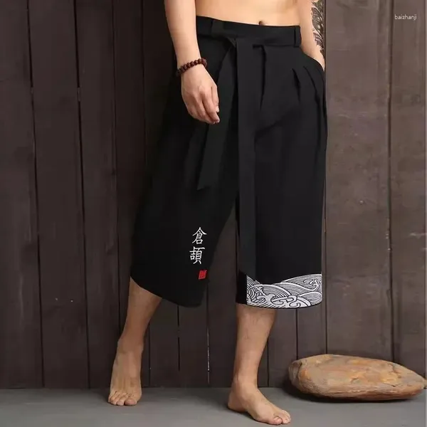 Pantalones para hombres Baño de ropa asiática Moda suelta suelta versátil Color sólido japonés Capris de lino largo personalizado