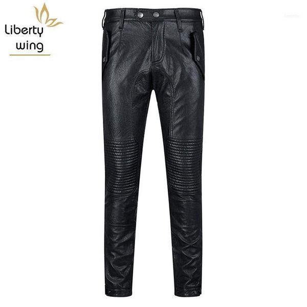 Pantalones para hombres Otoño 2021 Moda coreana Piel de oveja Cuero para hombre Recto Slim Biker Pantalón largo Streetwear Pantalón de alta calidad Man1