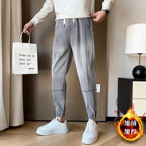Pantalons pour hommes Automne et hiver Polaire Épais Jeans Social Guy Mode Imprimer Rayé Bundle Pieds Progressive Casual Slim