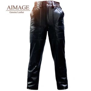 Pantalones para hombres Pantalones de cuero de otoño e invernal pantalones de motocicleta de cintura alta 100% auténtico pantalones de piel de oveja a prueba de viento e impermeabilización