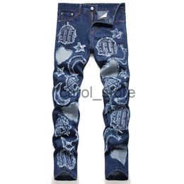 Pantalones para hombres Otoño Bordado Hombres Azul Clásico Jeans Mid-Cintura Slim Denim Lápiz Pantalones Hip Hop Rasgado Moda Ropa J231208
