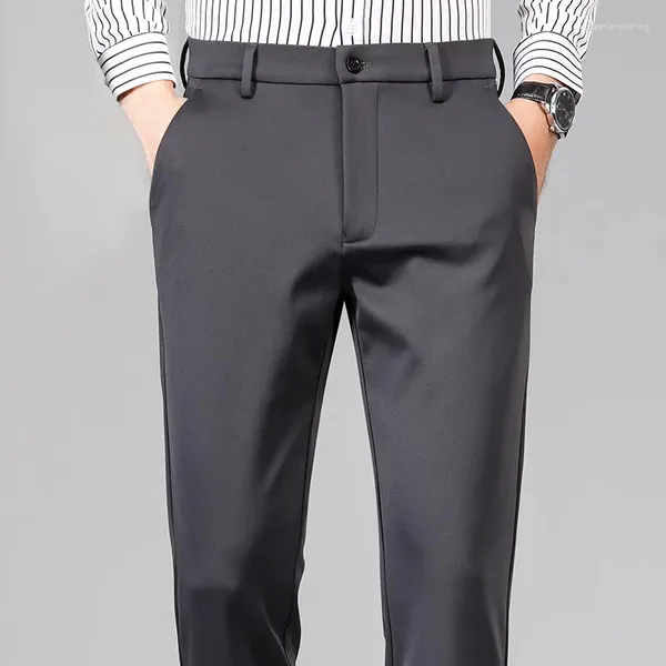 Pantalones de hombre Otoño Invierno fajas elástico sólido cremallera bolsillos botón traje Casual pantalones formales moda Vintage estilo inglés