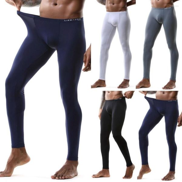 Pantalons pour hommes Leggings d'automne moulants extensibles en soie glacée u-convexe pantalons longs sexy mince soyeux translucide maison