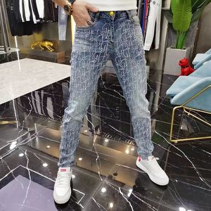 Pantalon pour hommes Sac Diamant Lettre D Jeans Brodés High Street Vintage Pieds Serrés De Luxe Or Soie Élastique Réfléchissant Slim 230826