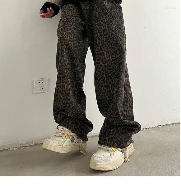 Pantalon pour hommes Baggy Leopard Imprimé Y2K Jeans Hommes 2024 American rétro Casual Wide Jam Lem Denim Fashion Streetwear Straitement