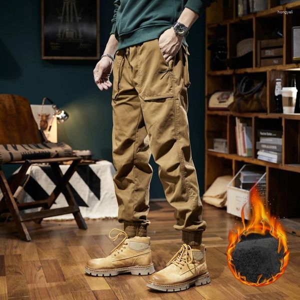 Pantalones para hombres BAPAI Moda Invierno Cálido Al aire libre Multi bolsillo Peluche Monos Ocio High Street Khaki Cargo