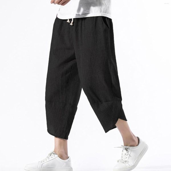 Pantalons pour hommes Big Foam Summer Ice Silk Casual Mens Fashion Cotton and Linen Harem Retro Trend Cropped Pants.