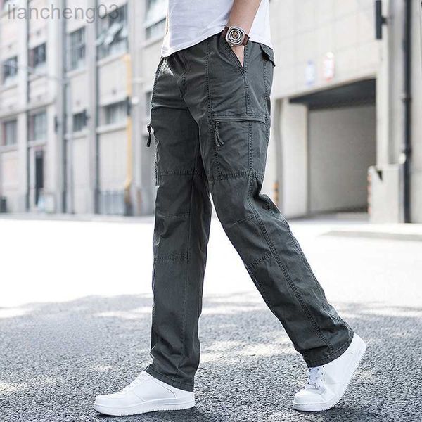 Men's Pants Grande taille hommes Cargo pantalon jambe droite travail pantalon hommes coupe ample coton été large salopette mâle côté Multi poche grande taille W0414