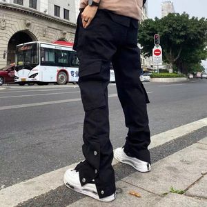 Pantalons pour hommes Black Cargo Vêtements pour hommes Pantalons évasés Europe et Amérique Poche High Street Harajuku Bell-Bas Mâle Sweatpan262q